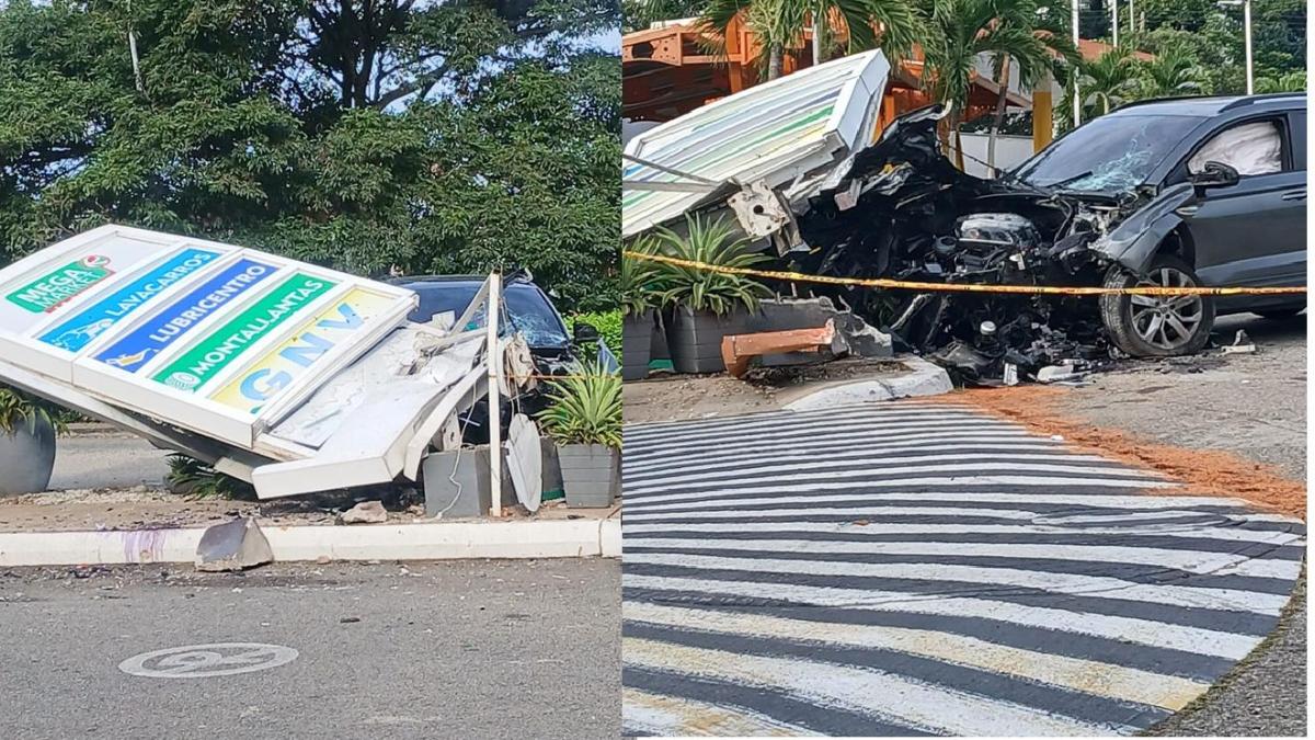 El conductor chocó con las cercas de los anuncios de la estación de servicio

 – Desde dentro