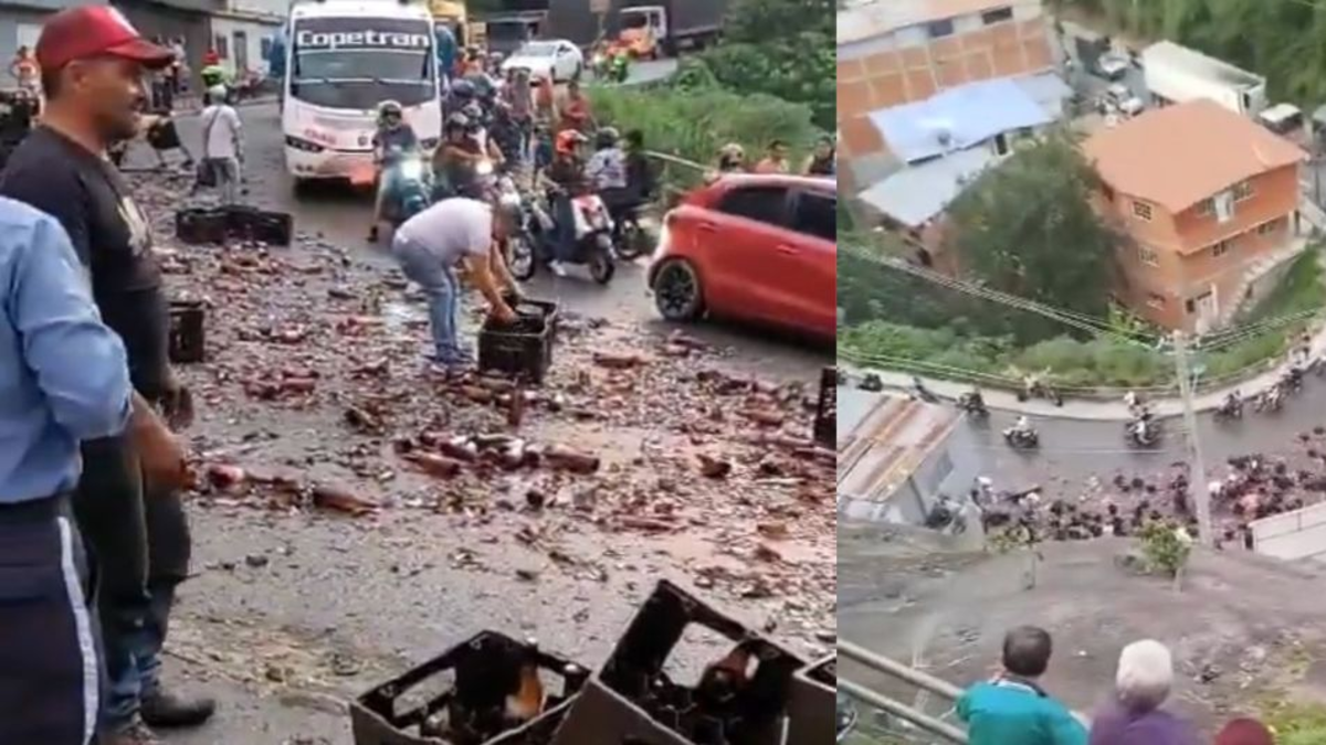 Estas son imágenes que quedan tras un espectacular accidente en el que volcó un camión de cerveza; accidente que hirió a tres personas

 – Desde dentro