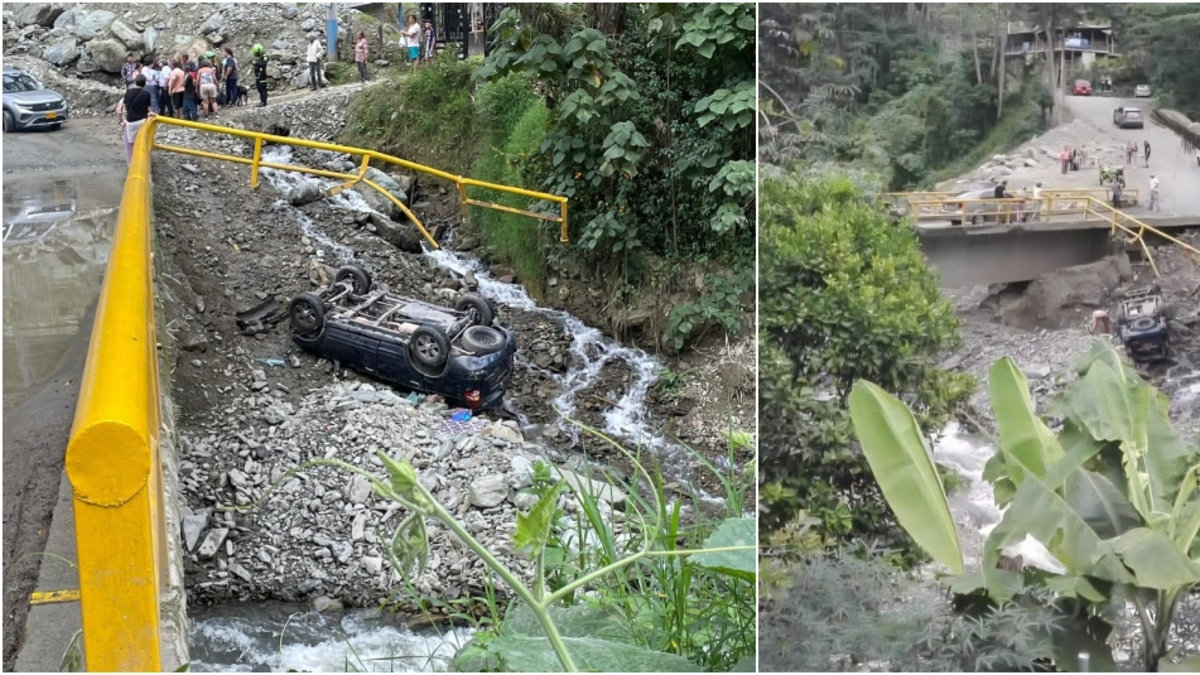 El auto rompió las barreras, volcó y aterrizó en la orilla del río Combeima

 – Desde dentro