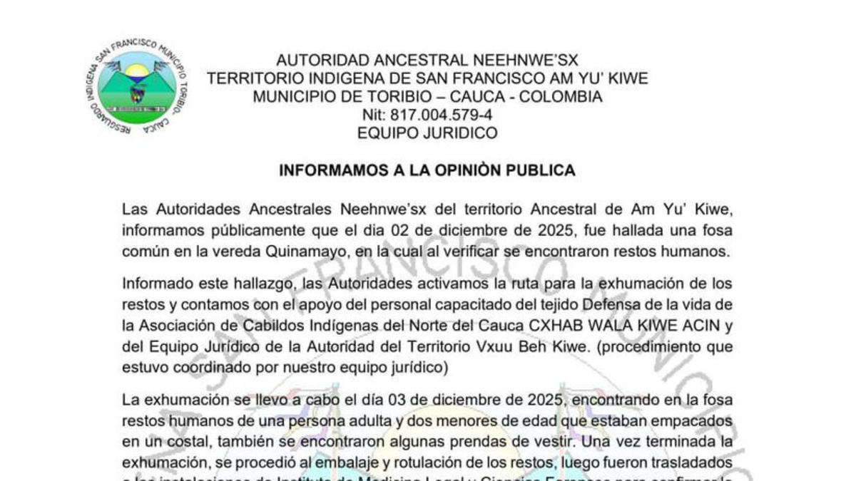 Tragedia en el Cauca | Encuentran los restos de una mujer y dos niños en la tumba: los indígenas temen que sean adultos y los dos niños están desaparecidos desde 2022.

 – Desde dentro
